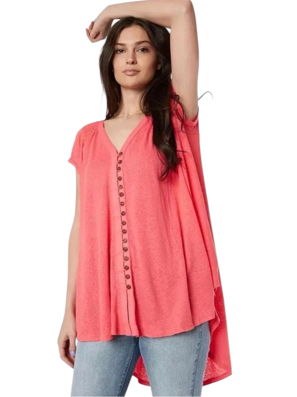 Free People Highland Linen Blend High Low V-Neck Tee Top Azalea Coral XS EUC